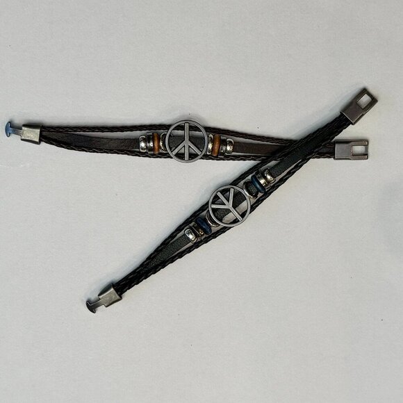 Boho Peace Sign Faux Leather Bracelet – 8” Blue and Black #1482 - Picture 4 of 10